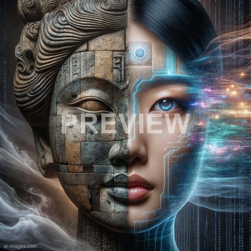 The image depicts a surreal fusion of an ancient stone sculpture and a modern human female face, seamlessly split down the middle. The left side features a weathered, carved stone face with intricate details and a calm expression, while the right side showcases a realistic, youthful woman's face with a glowing blue eye, surrounded by digital circuitry and dynamic light streaks that evoke a futuristic, technological atmosphere. Wisps of mist or smoke swirl around the lower part of the image, blending the ancient and futuristic elements together in a captivating visual contrast.